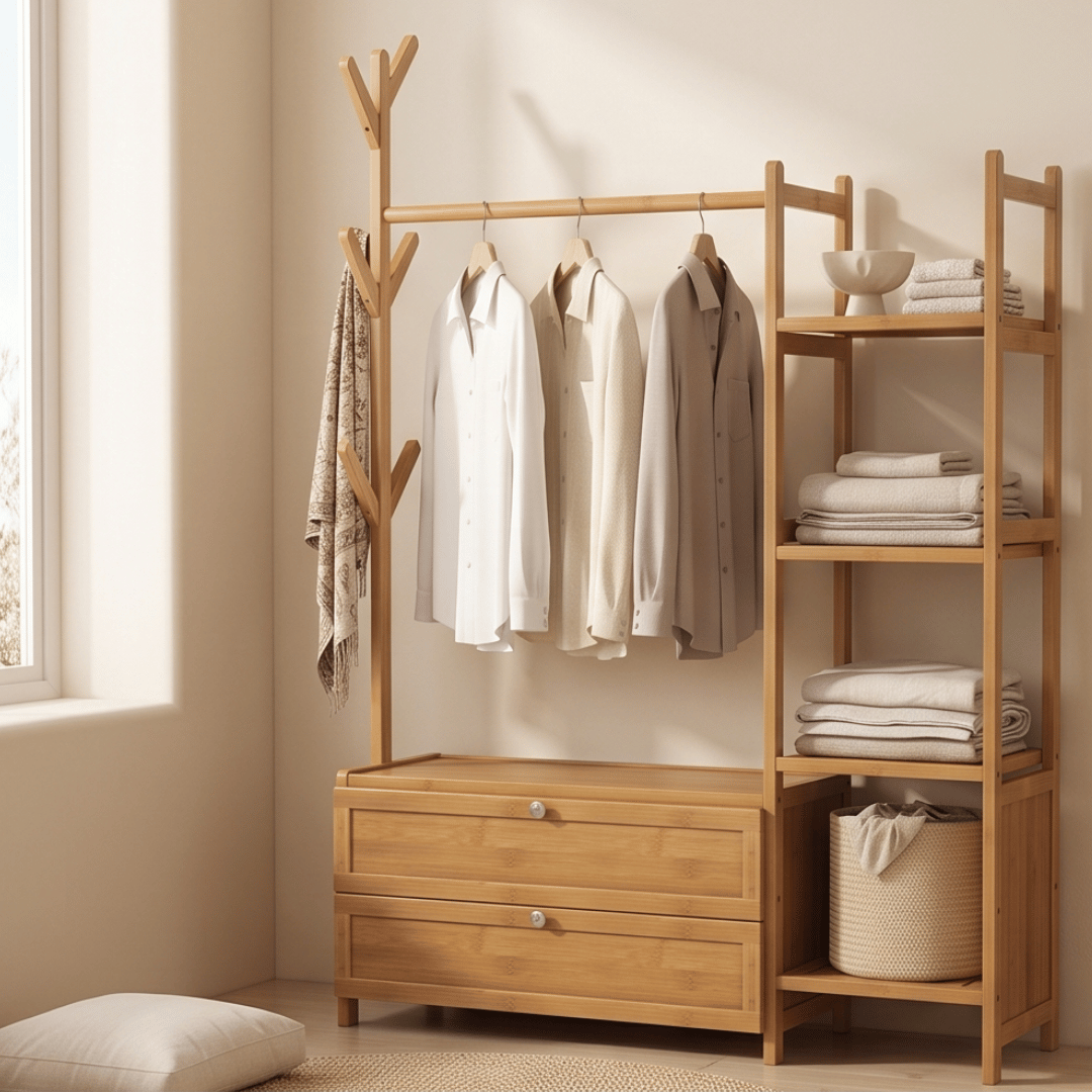 Bamboo Clothes Rack with Hanging Rail and Four Tier Storage Shelves