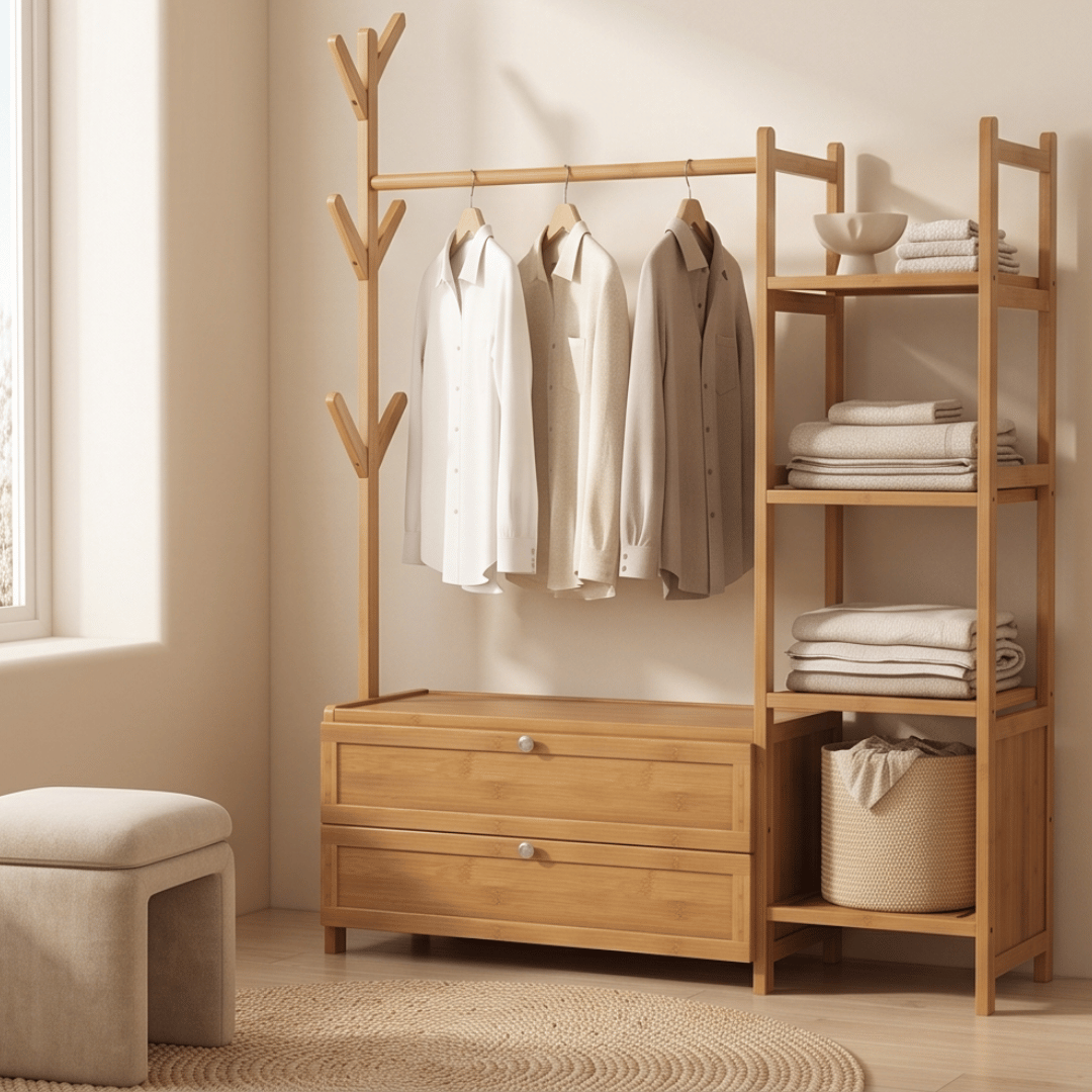 Bamboo Clothes Rack with Hanging Rail and Four Tier Storage Shelves