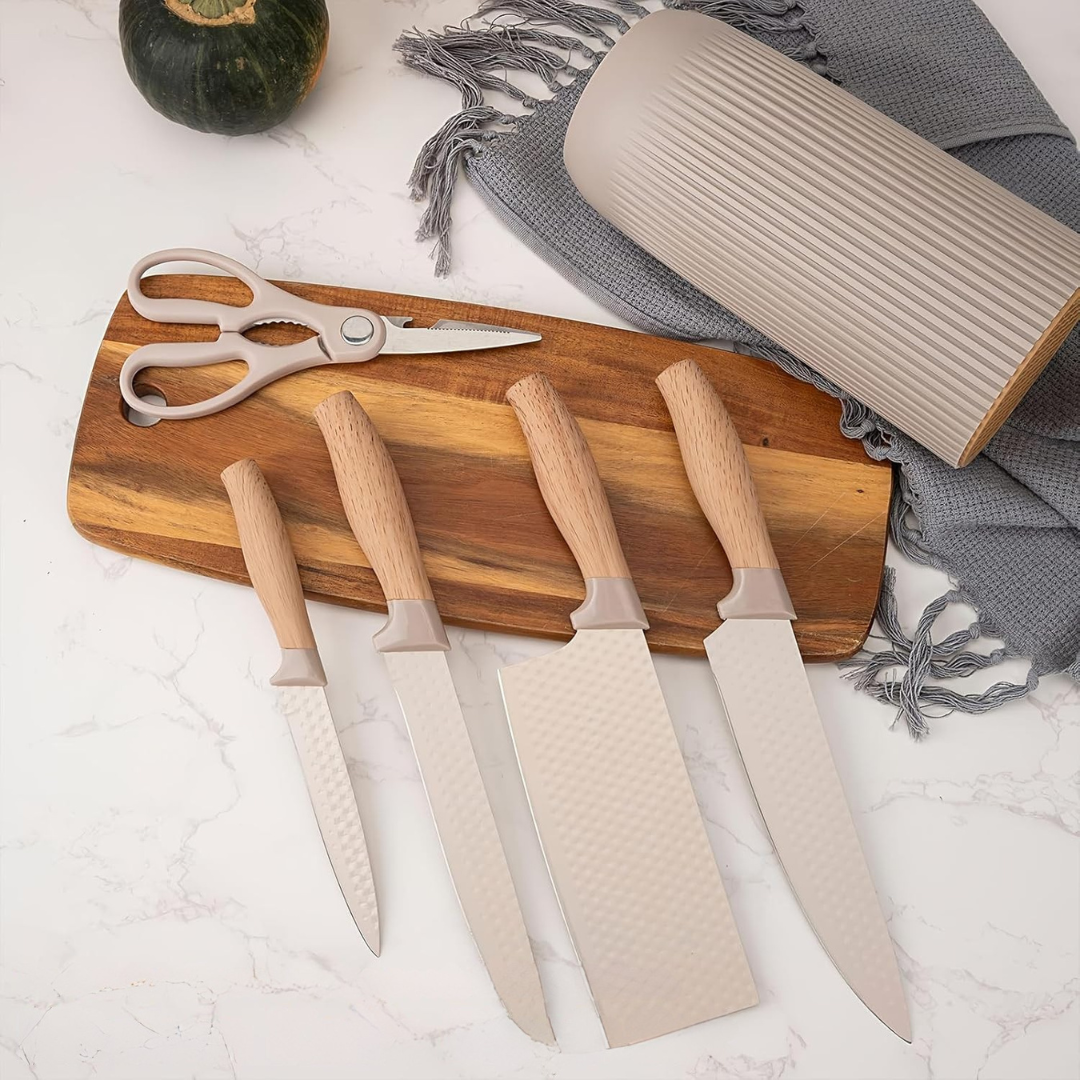 Homero Premium Khaki Kitchen Knife Set With Stylish Knife Block – 6 Piece Set