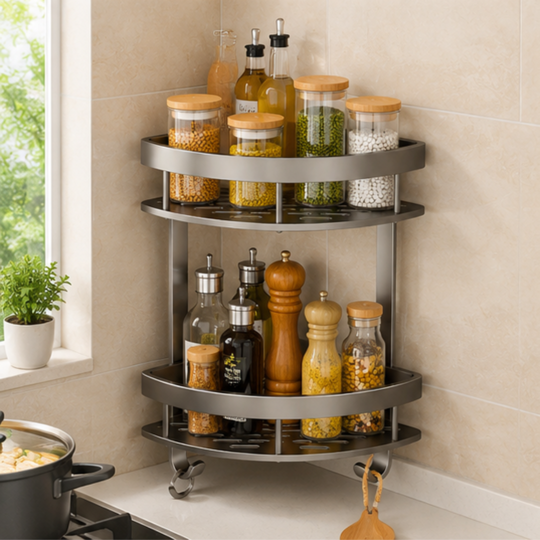 Wall Mounted Triangular Bathroom Corner Shelf With Hooks And Water Drainage