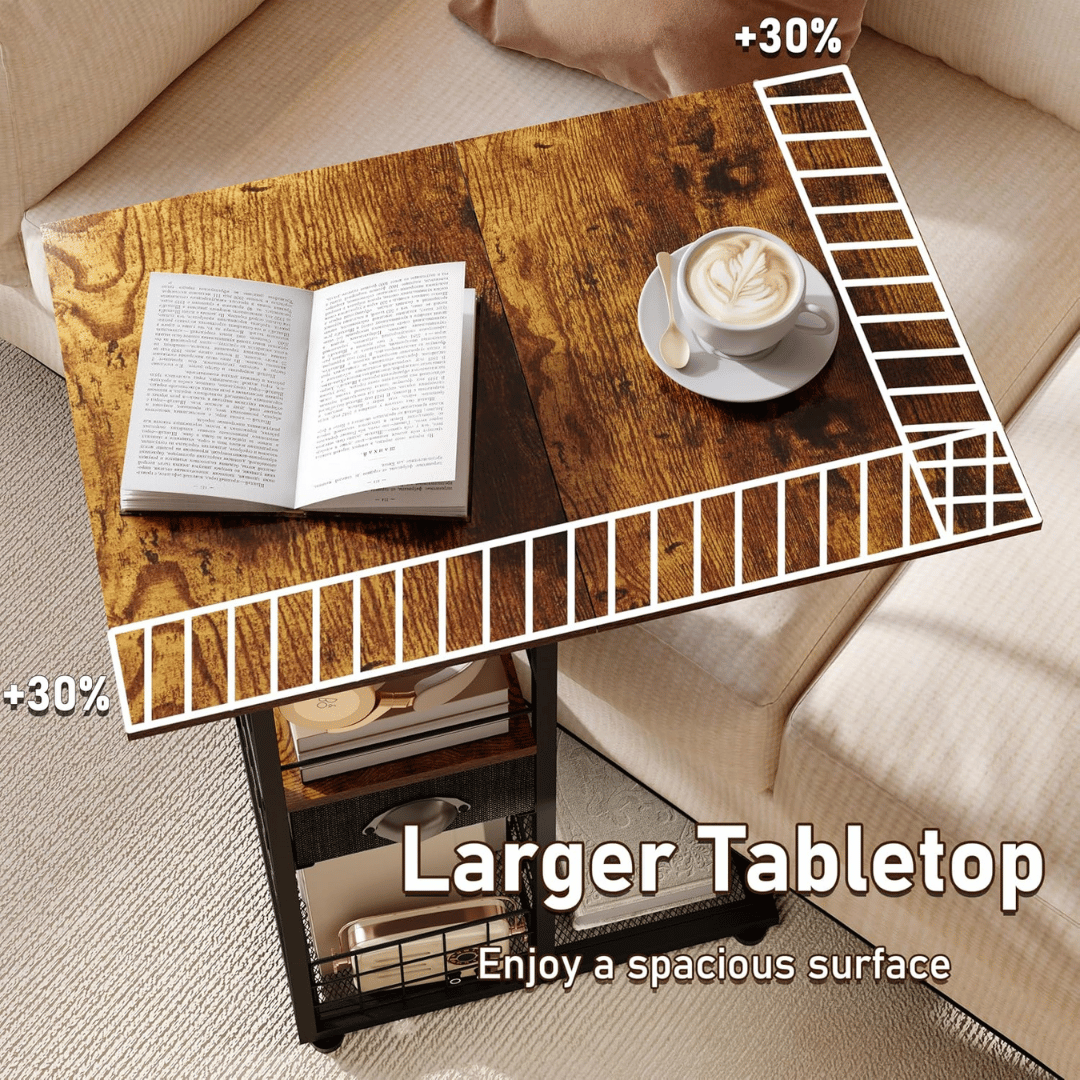 C Shaped Rolling Side Table with Drawer & Storage Basket