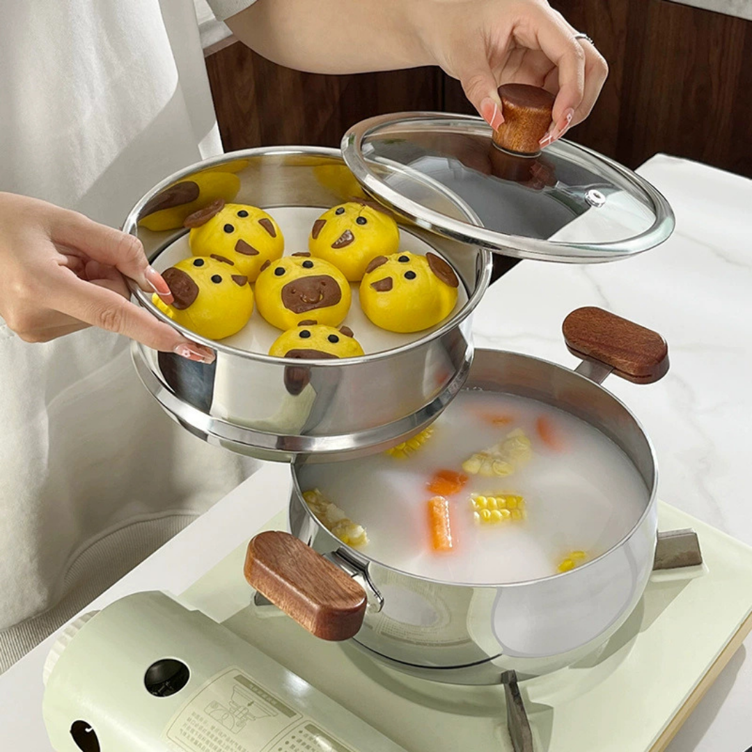 HOMERO Multi-Purpose Stainless Steel Steamer Pot Set with Wooden handle