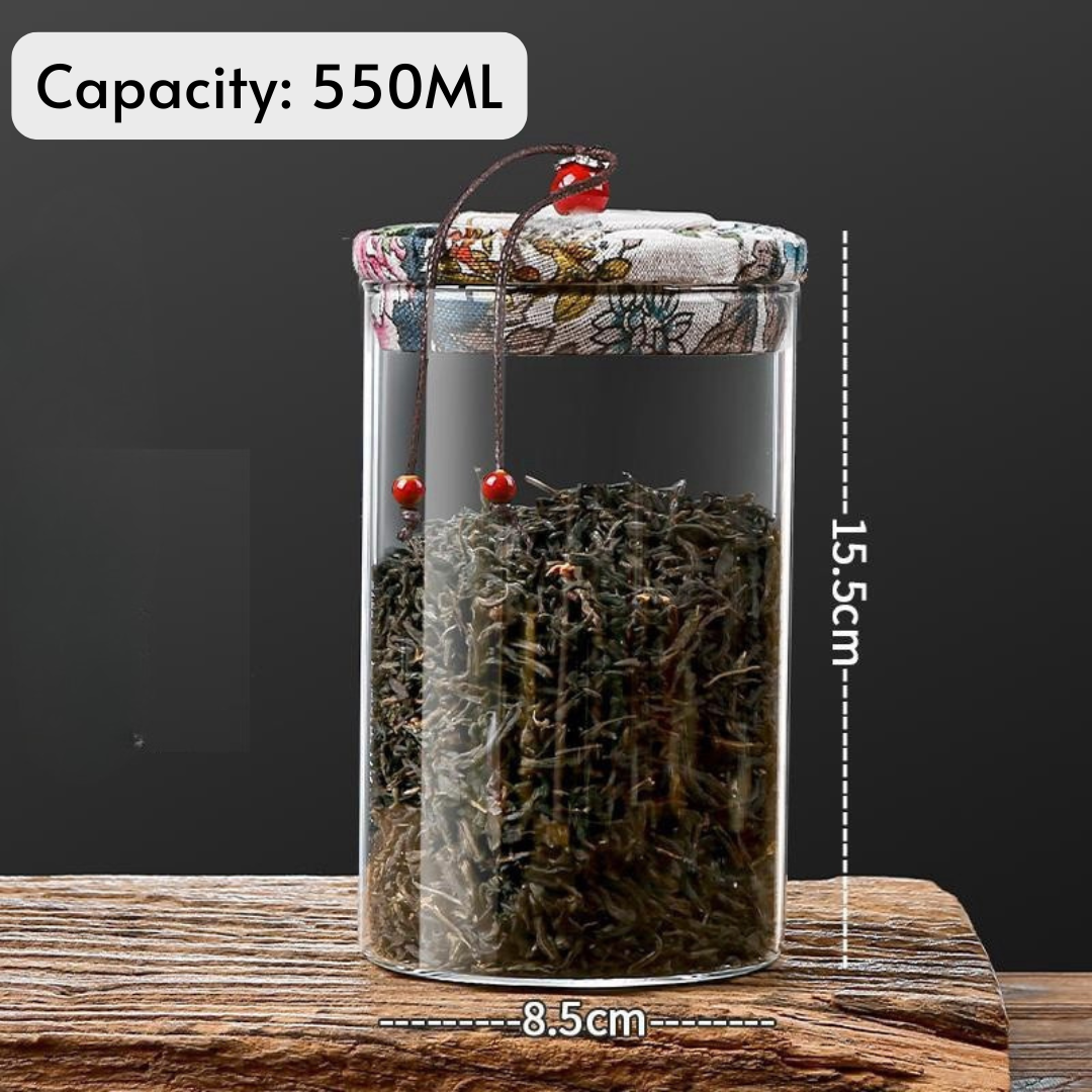 Borosilicate Glass Storage Jars with Floral Fabric Lid (Set of 4)