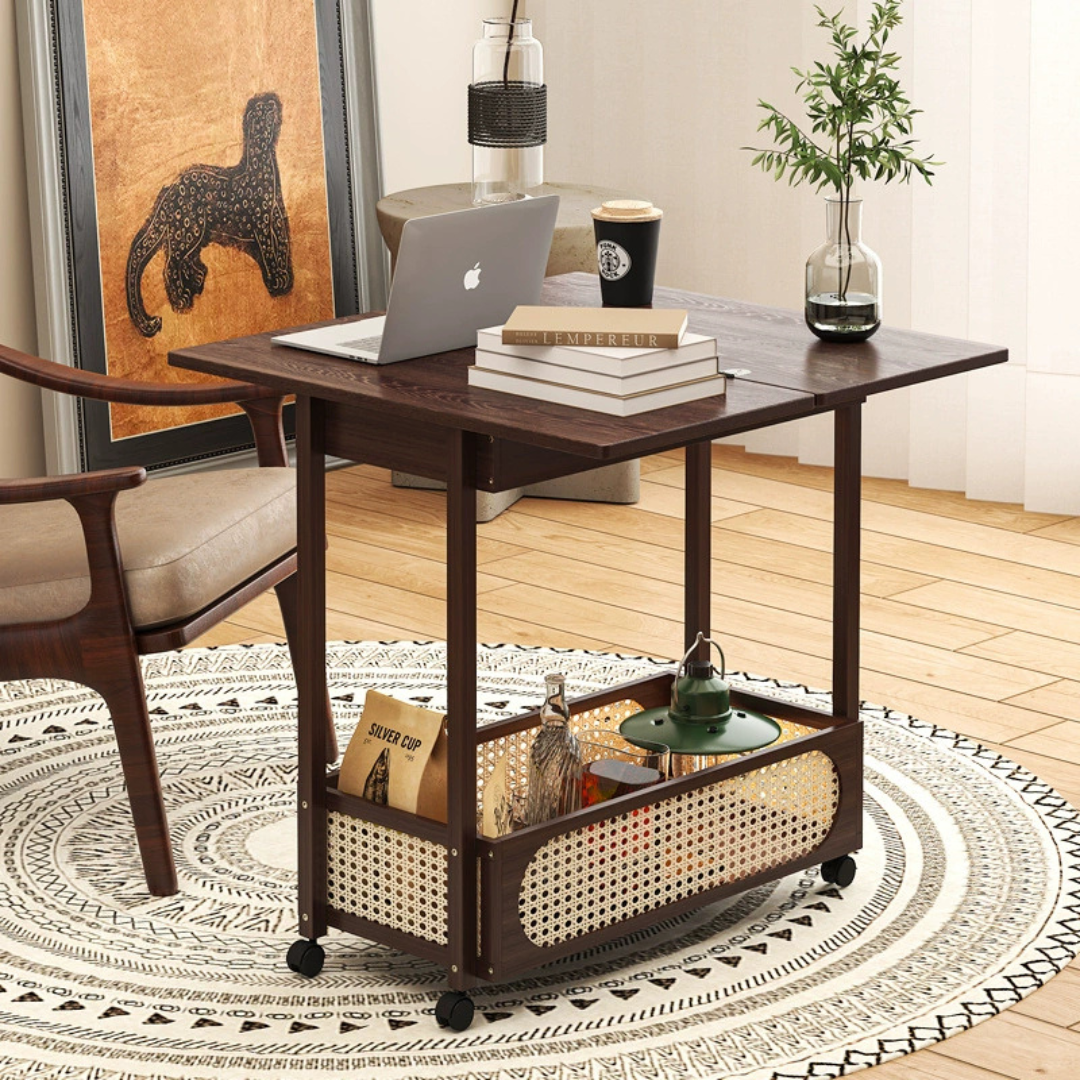 Smart Expandable Design Multi Use Hidden Storage Portable Table with 360° Locked Wheels