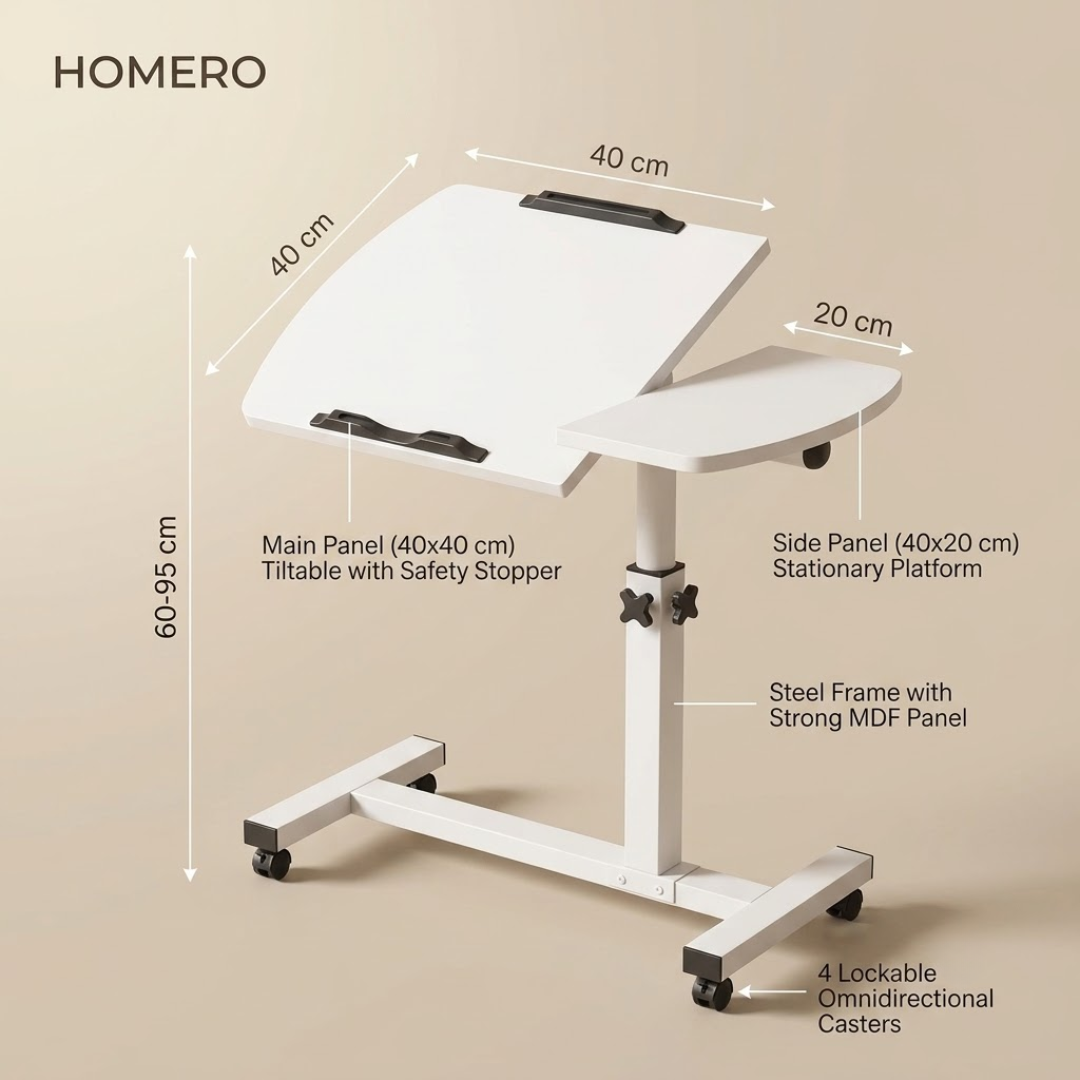 Adjustable Overbed Laptop Table with Tilting Panel & Lockable Wheels