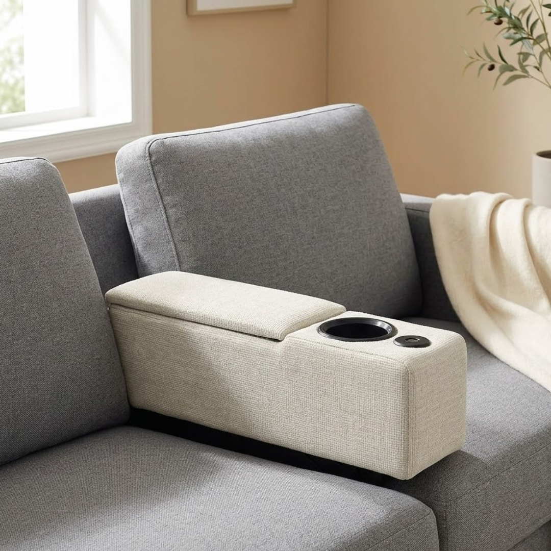 Multifunctional Sofa Armrest Couch Caddy with Wireless Charging LED Light