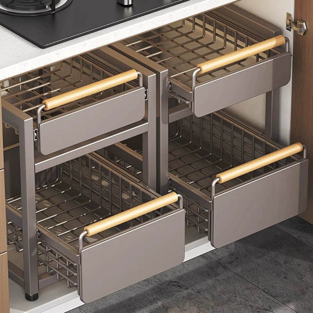 Double Layer Pull Out Under Sink Storage Rack with Wooden Handle