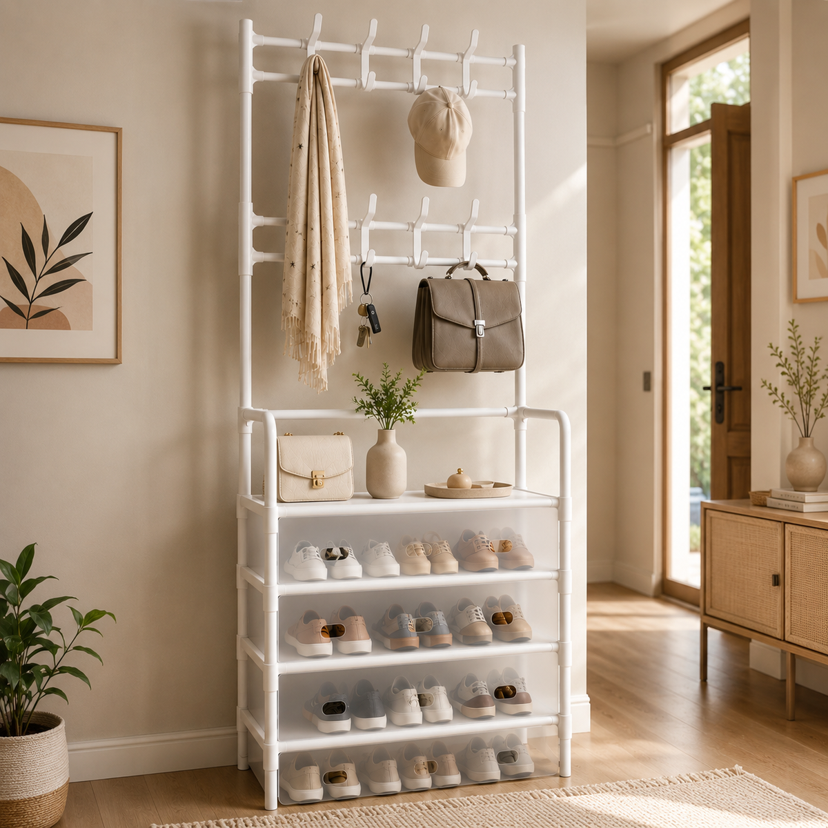 HOMERO 4-Tier Double Row Hooks Coat Rack with Shoe Storage