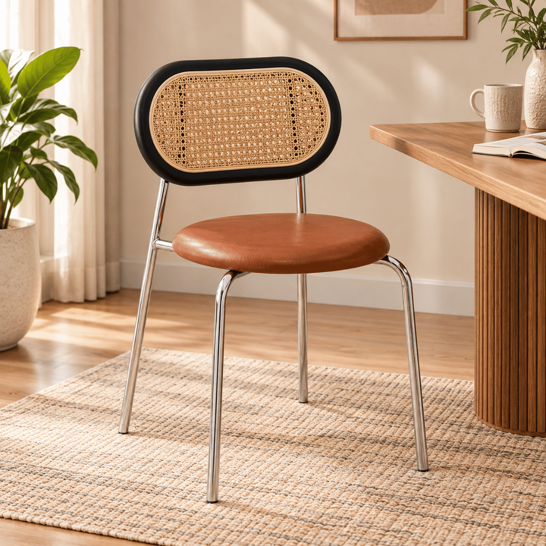 Elegant Rattan Ergonomic Backrest PU Leather Cushion Chair