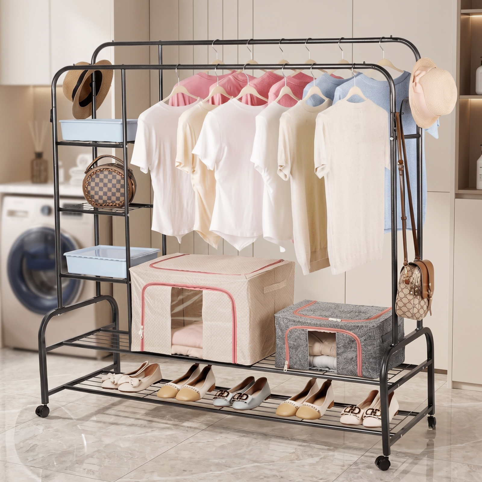 Multifunctional Double Rail Garment Shoe Rack With Wheels