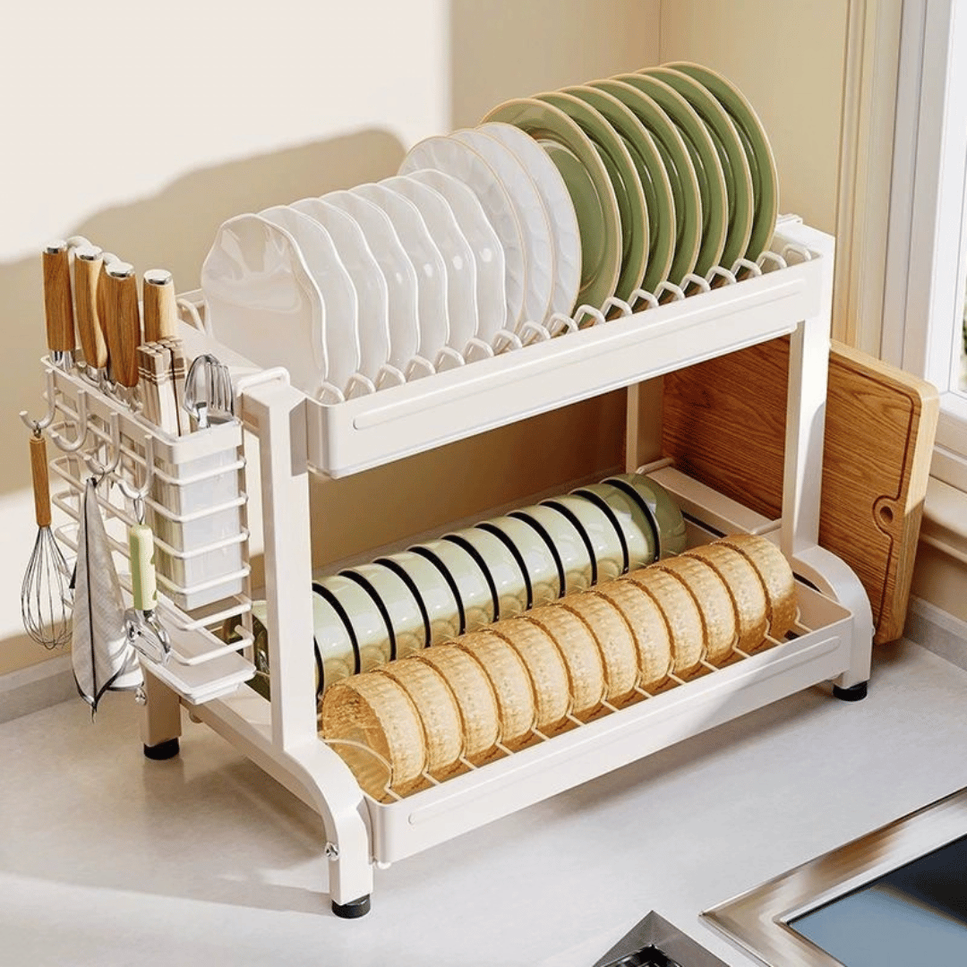 Premium Multi Layer Kitchen Dish Drying Rack with Cutting Board and Cutlery Storage