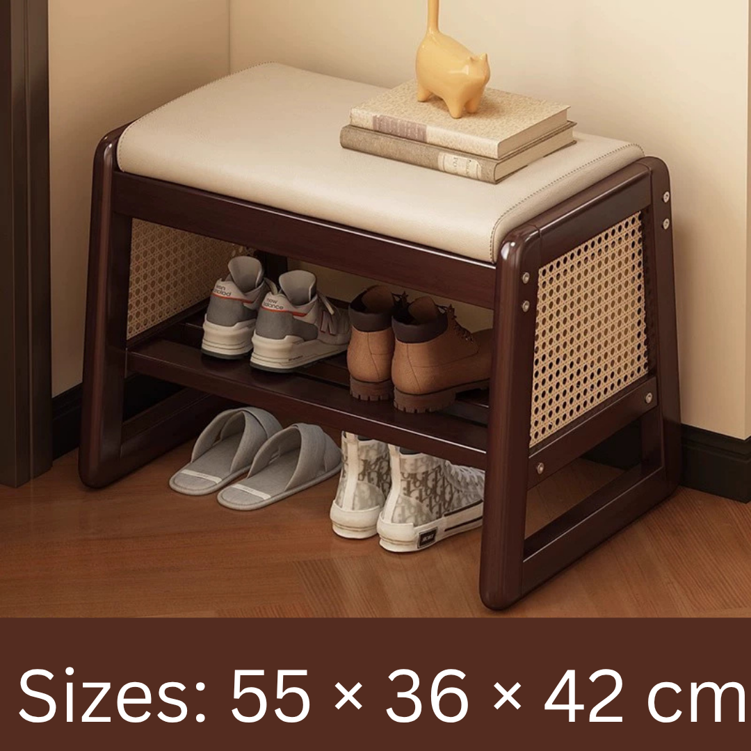 HOMERO Elegant Rattan Design Premium Wooden Shoe Storage Bench - 2 Tier