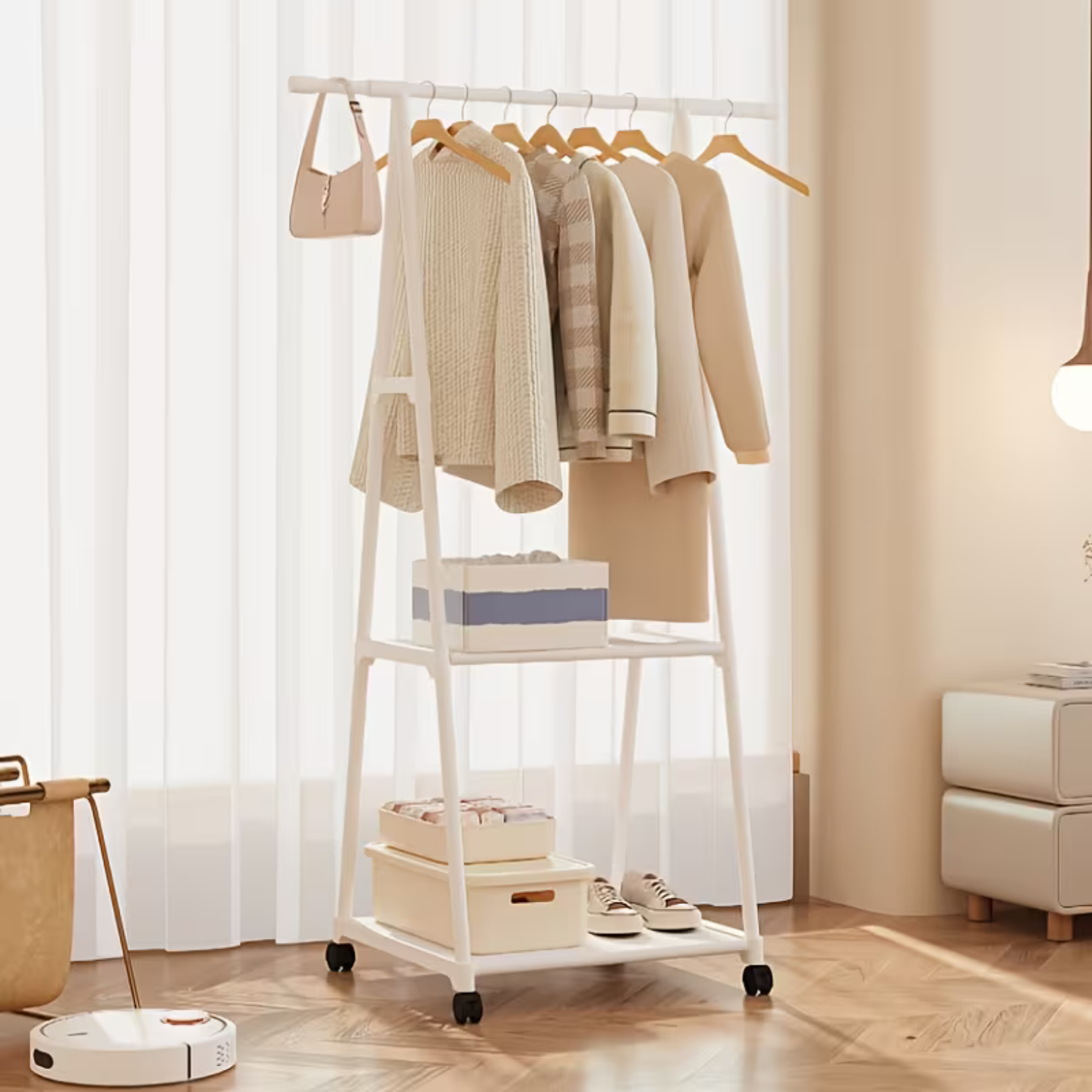 Multi Functional Metal Clothes Rack with Storage Shelves and Wheel