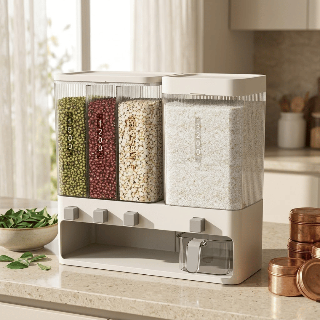 Multi Compartment Rice and Grain Dispenser with Press Dispensing & Measuring Cup