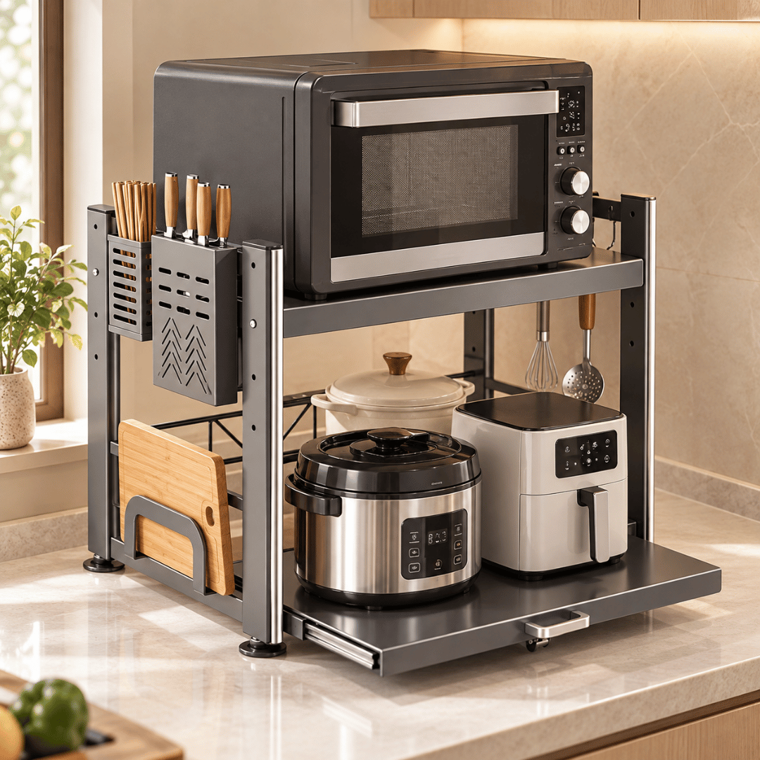 Heavy Duty Two Tier Microwave & Utensils Storage Rack with Adjustable Shelves and Hooks