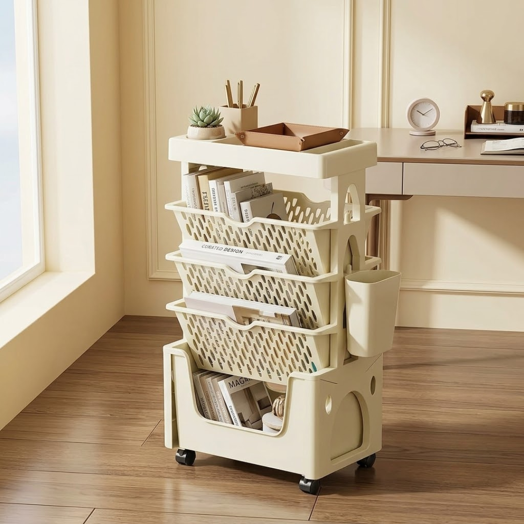 5 Tier Rolling Bookshelf Organizer with Removable Baskets Wheels