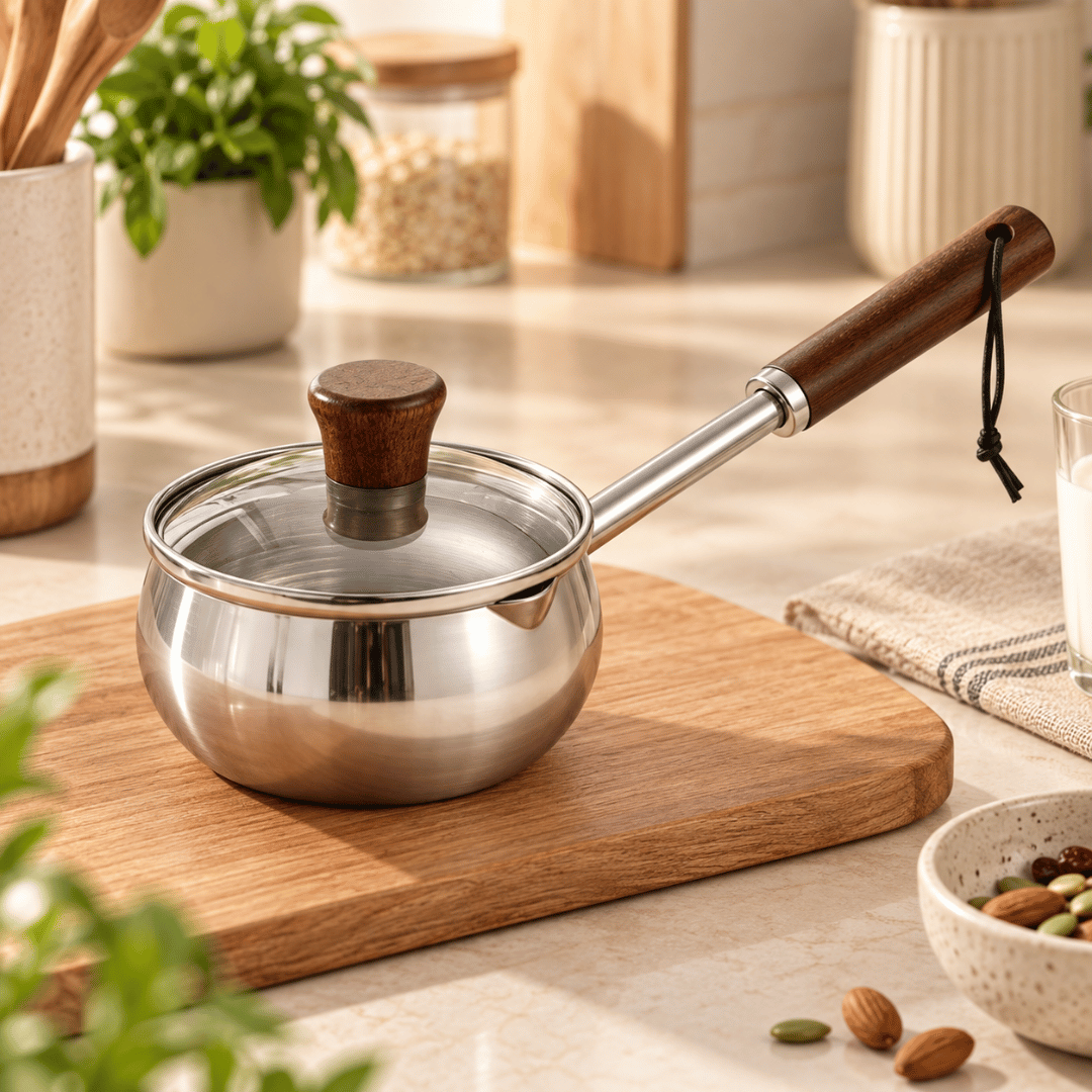 Premium Stainless Steel Small Milk Saucepan with Wooden Handle Glass Lid