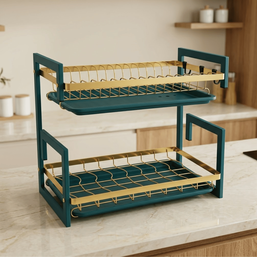 Elegant Gold finished Two Tier Dish Drying Organizer with Utensil Holder and Drainboards
