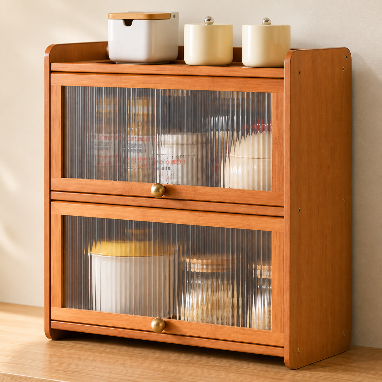 2-Tier Bamboo Acrylic Multipurpose Storage Cabinet with Translucent Flip Door