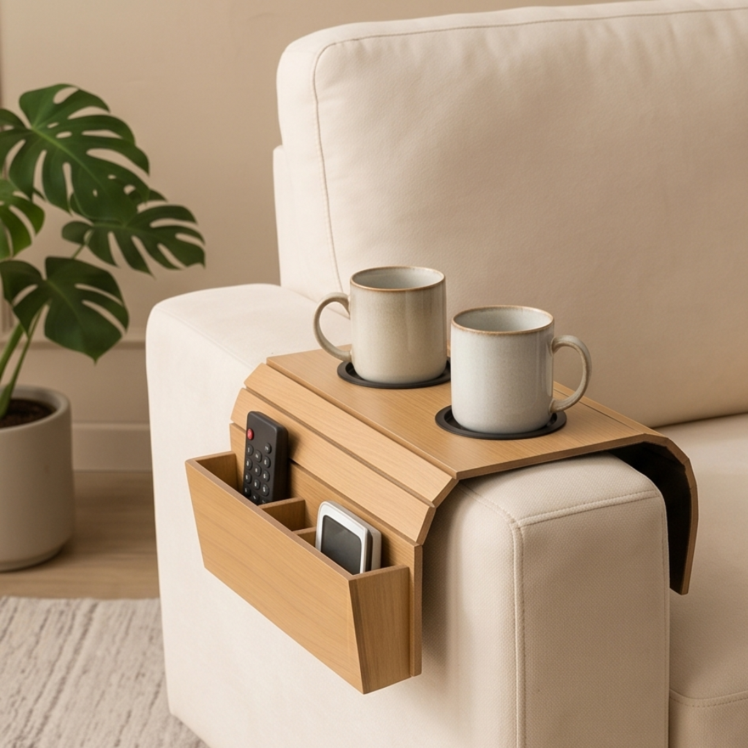 Flexible Wooden Sofa Armrest Tray Table With Dual Cup Holders And Remote Storage