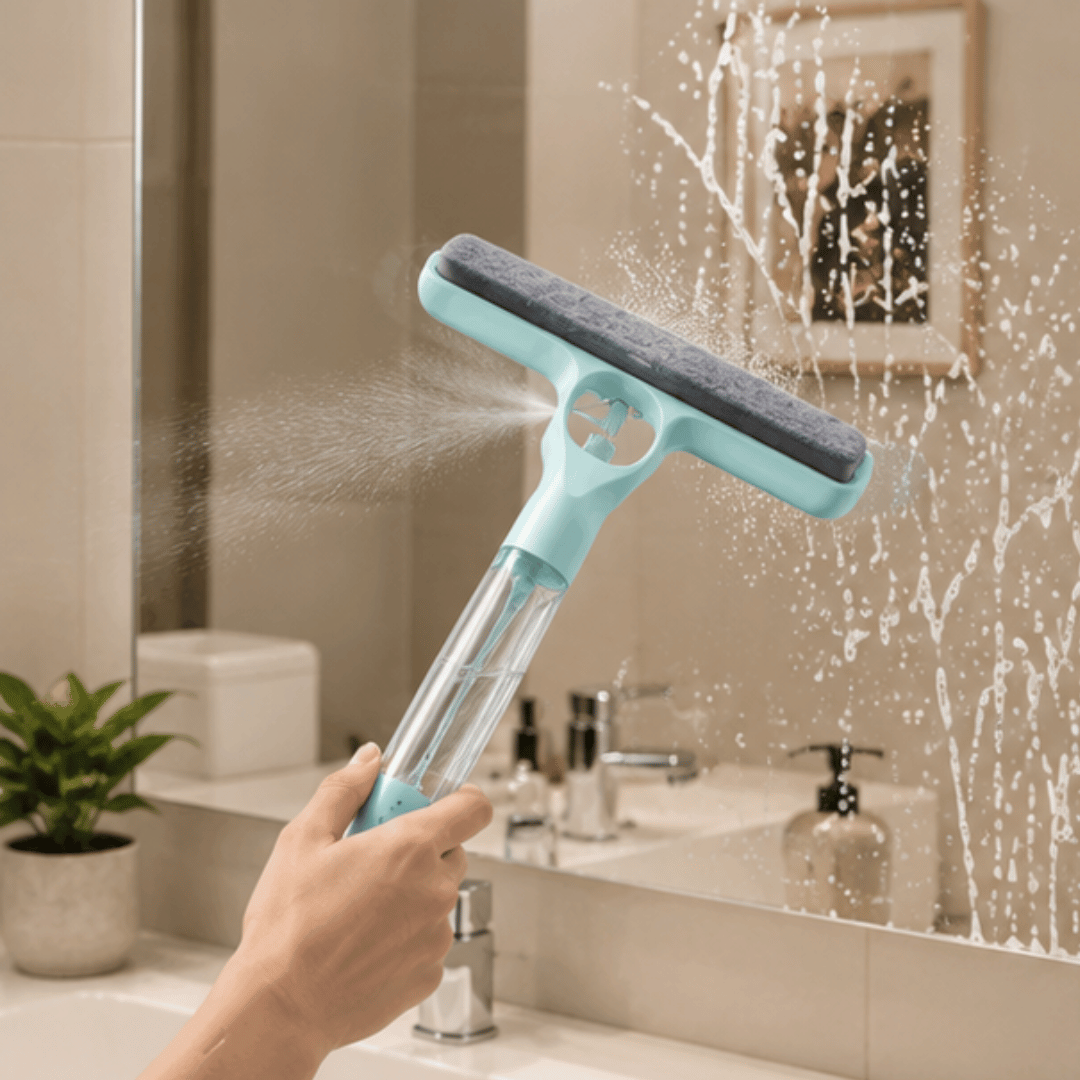 3 in 1 Handheld Glass Cleaning Spray Squeegee Brush Window Wiper with Integrated Bottle