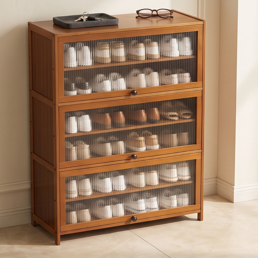 Multi-Tier Bamboo Shoe Rack with Transparent Flap Door