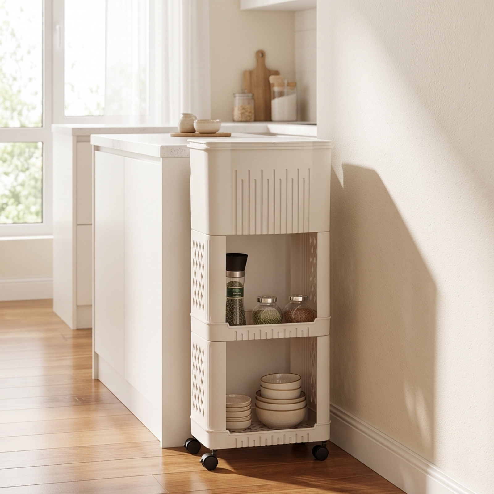 Multi Purpose Slim Storage Trash Bin with Open Mesh Storage Shelves