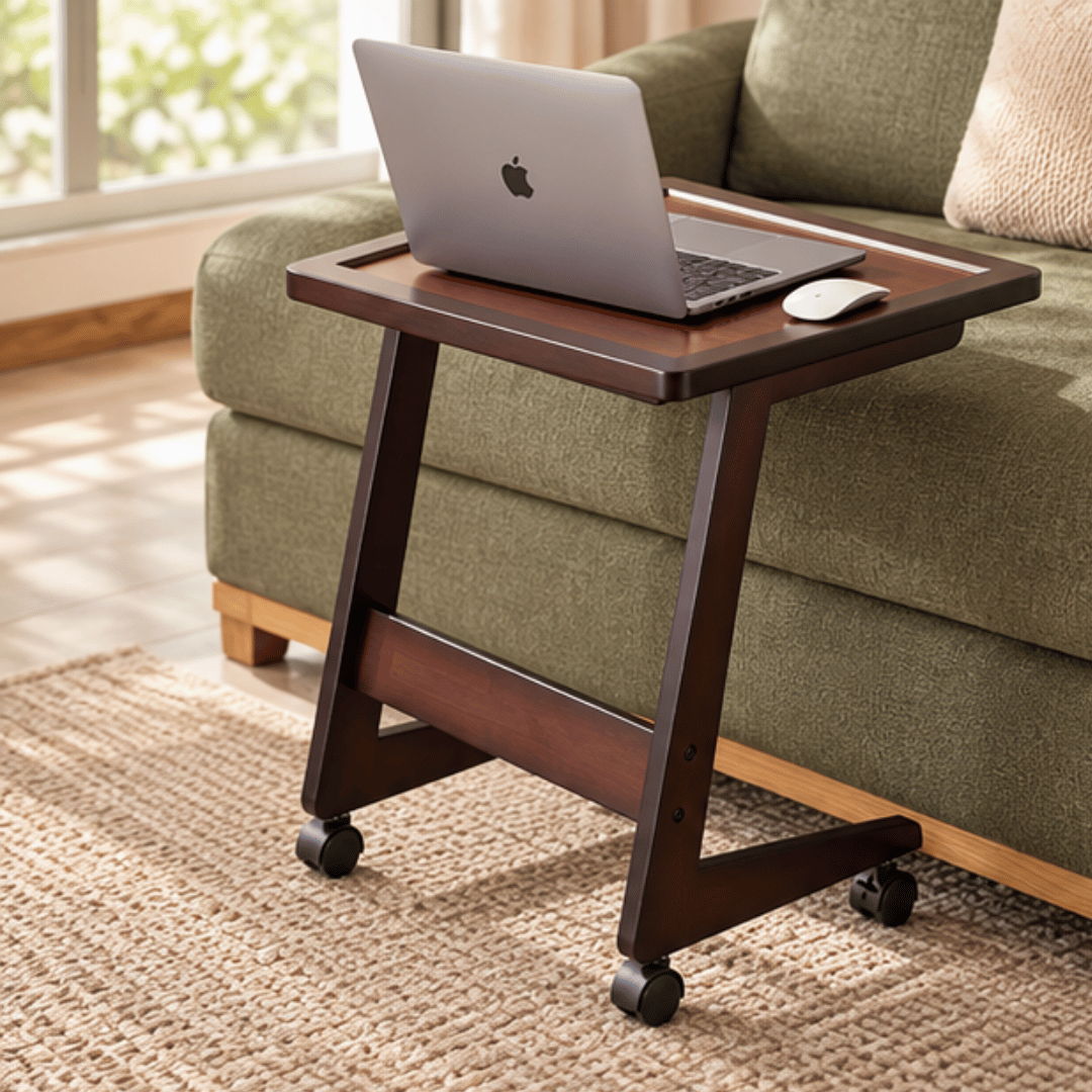 Multipurpose Walnut Finish Wooden Couch Side Table with 360 Degree Rolling Wheels