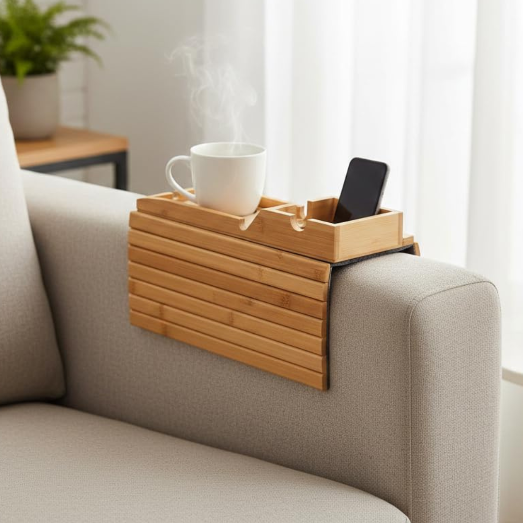 Bamboo Sofa Armrest Tray with Detachable Cup Holder