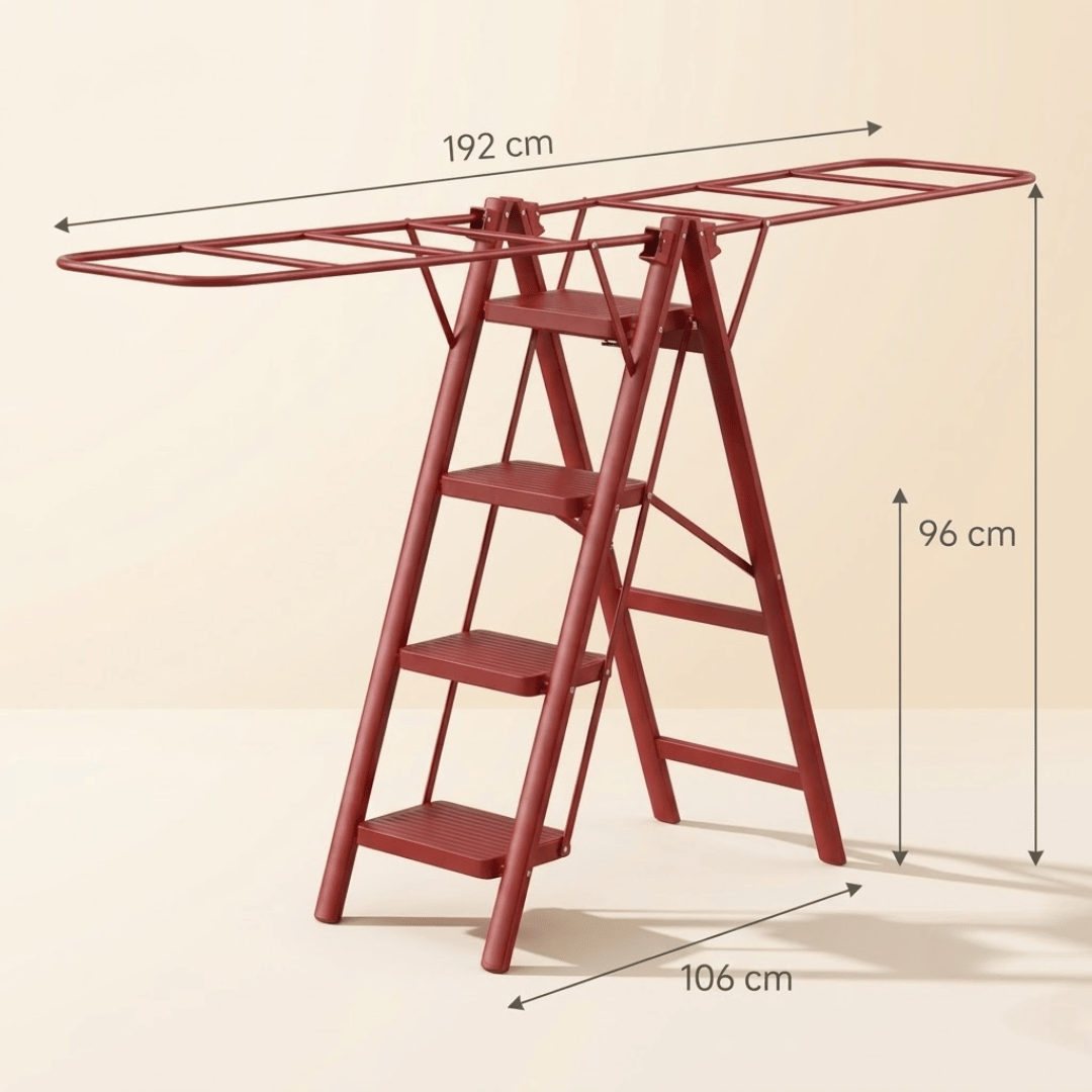 Multipurpose Foldable Steel Step Ladder with Integrated Clothes Drying Rack and Extended Wings