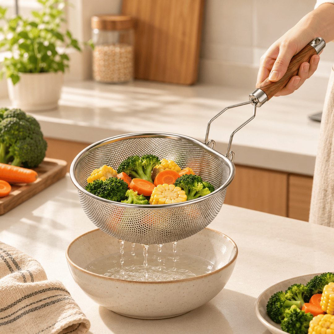 Premium Stainless Steel Noodle Strainer with Faux Wood Handle and Hanging Hook