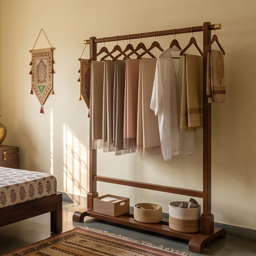 Solid Bamboo Coat Rack Open Wardrobe Organizer Stand With Hanging Rail And Side Hooks