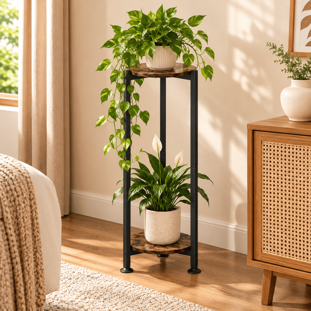 Two Tier Round Plant Stand with Oak Finish Shelves and Metal Frame