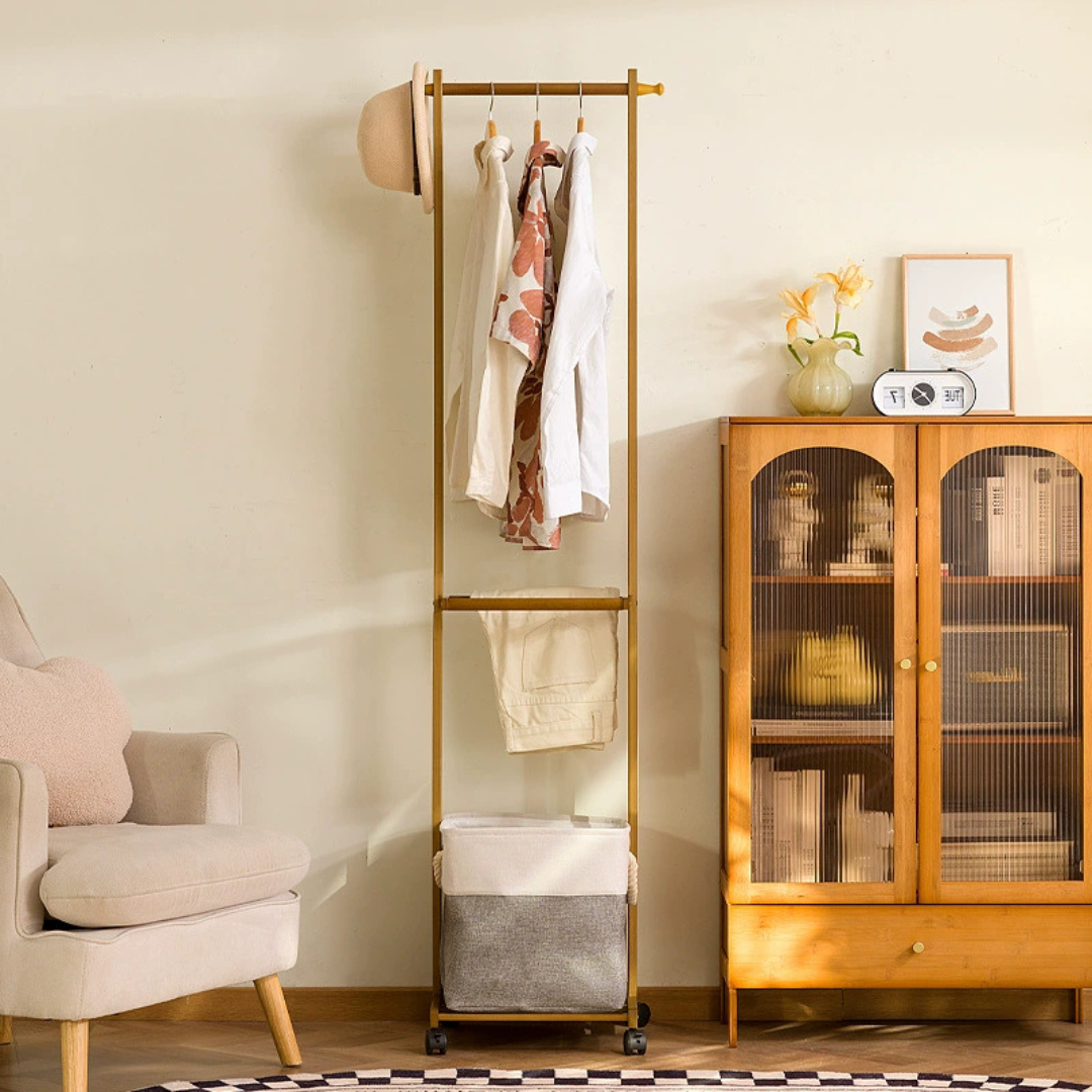 Multi-Purpose Bamboo Garment Stand with Laundry Basket and Hooks