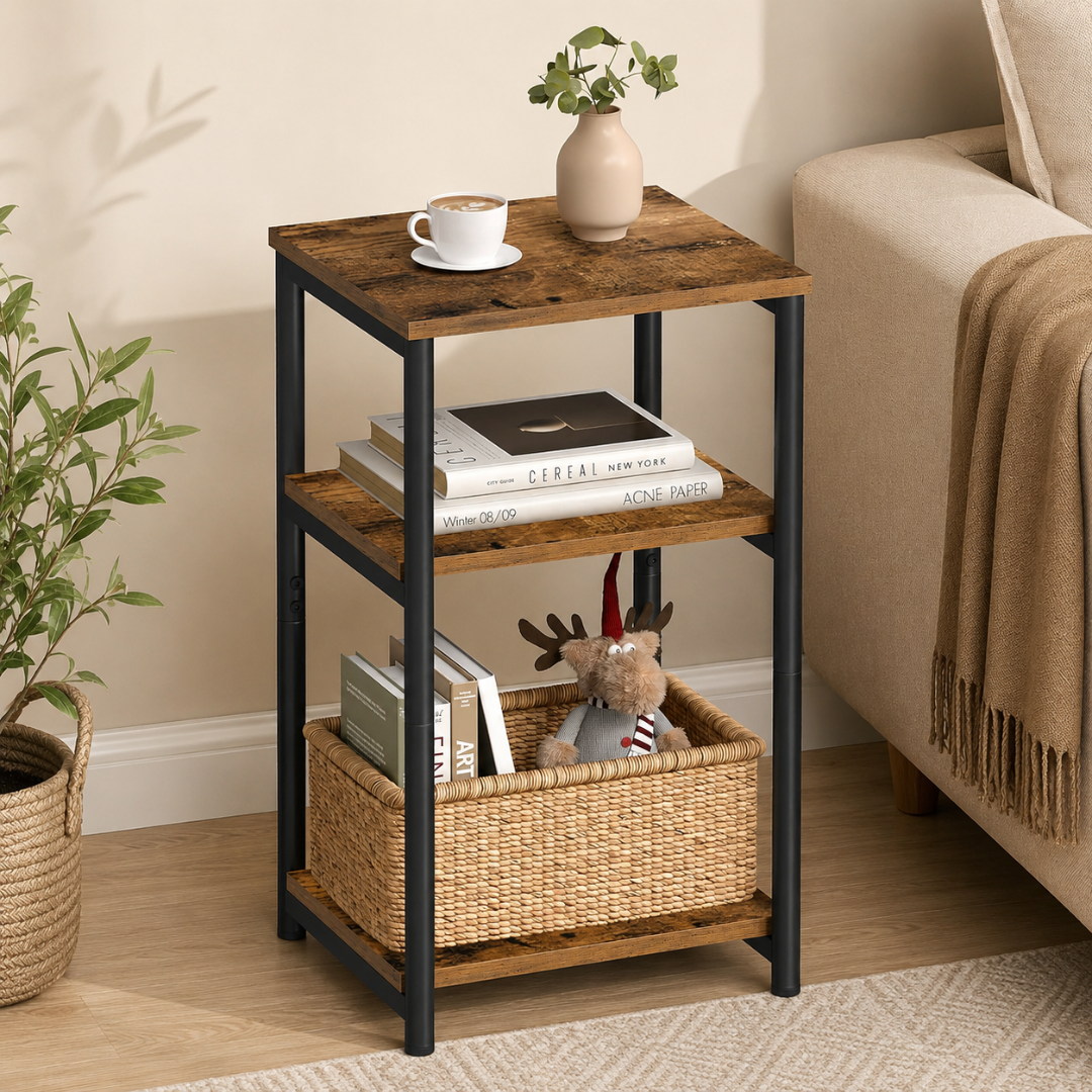 Rustic Brown Three Tier Storage Steel Frame Side Table