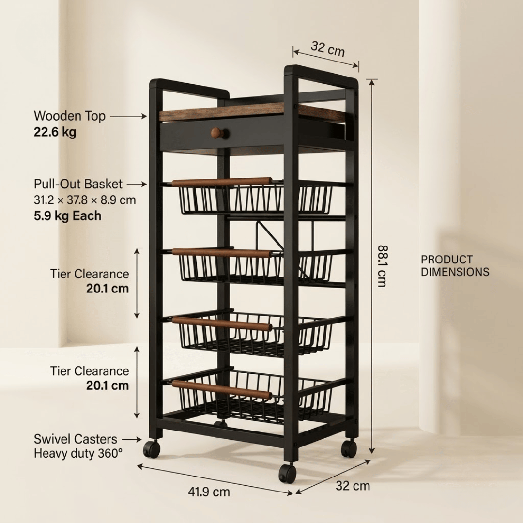 5 Tier Rolling Kitchen Storage Cart with Rustic Wooden Top and Pull Out Wire Baskets