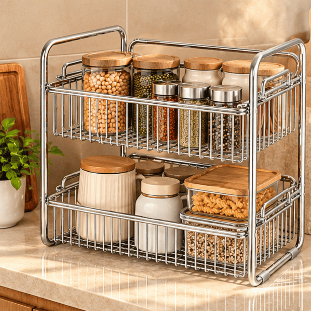 Premium 304 Stainless Steel Two Tier Countertop Storage Organizer Rack