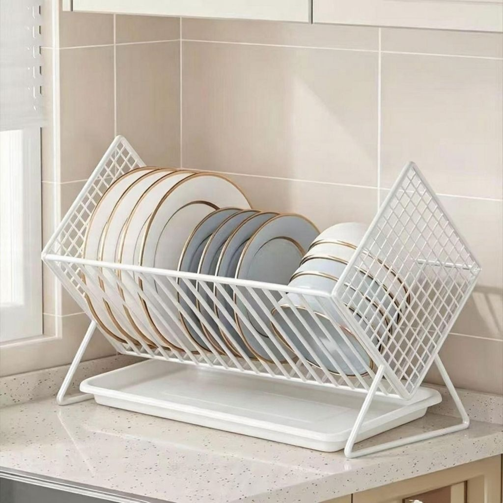 Multi-Purpose X Shaped Carbon Steel Kitchen Dish Rack with Drip Tray
