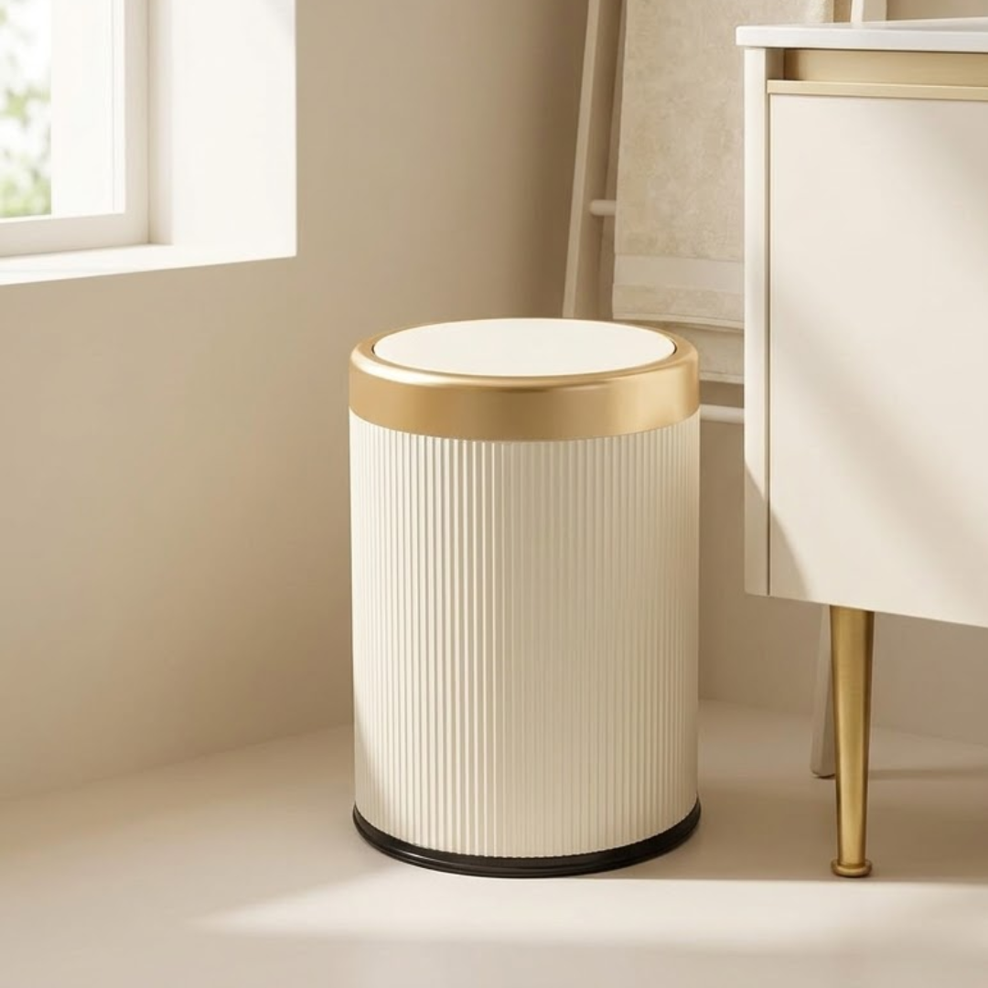 Modern Cream White Dustbin with Inner Bucket and Gold Accents (8L)