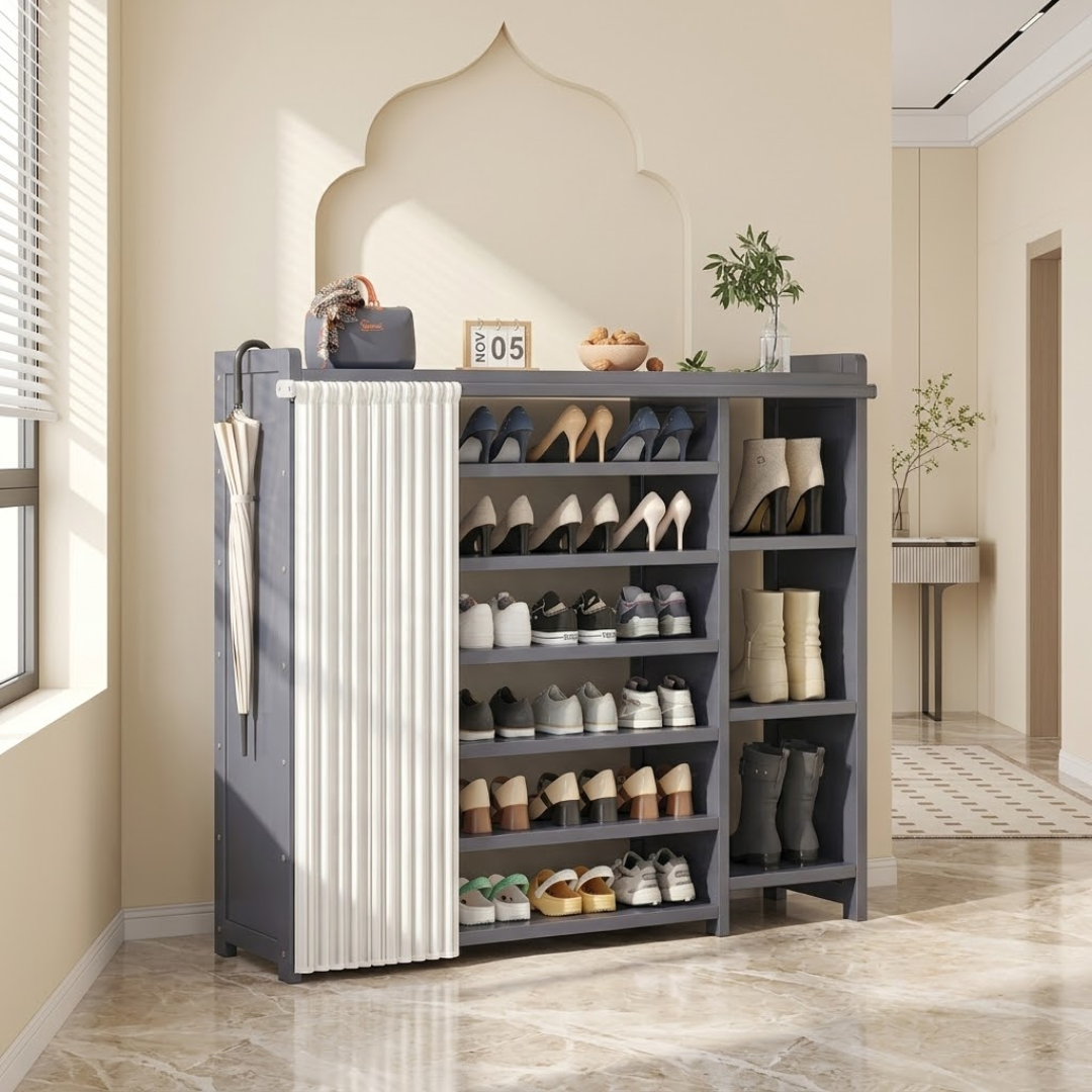 7 Tier Bamboo Shoe Rack Cabinet with Dustproof Curtain and Boot Storage
