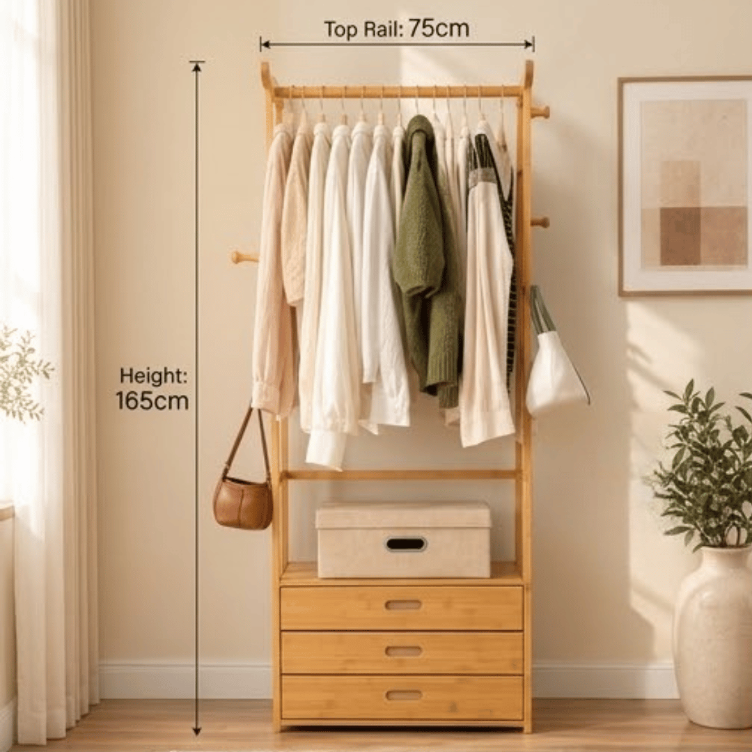 Multifunctional Bamboo Clothes Rack with Drawers & Bull Horn Hooks