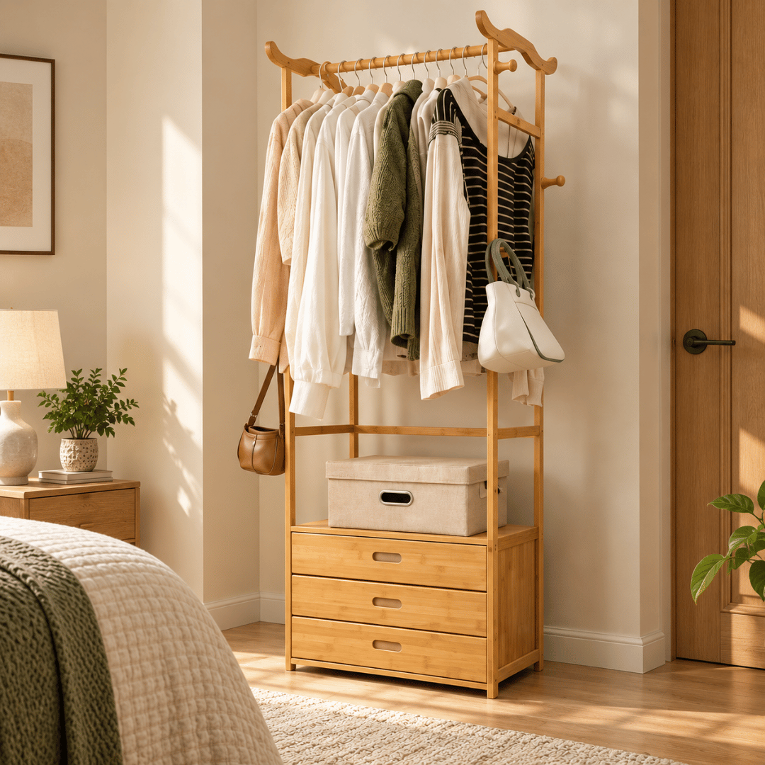 Multifunctional Bamboo Clothes Rack with Drawers & Bull Horn Hooks