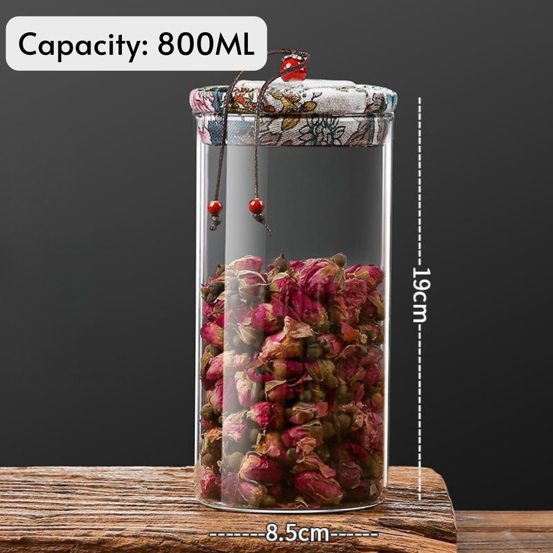 Borosilicate Glass Storage Jars with Floral Fabric Lid (Set of 4)