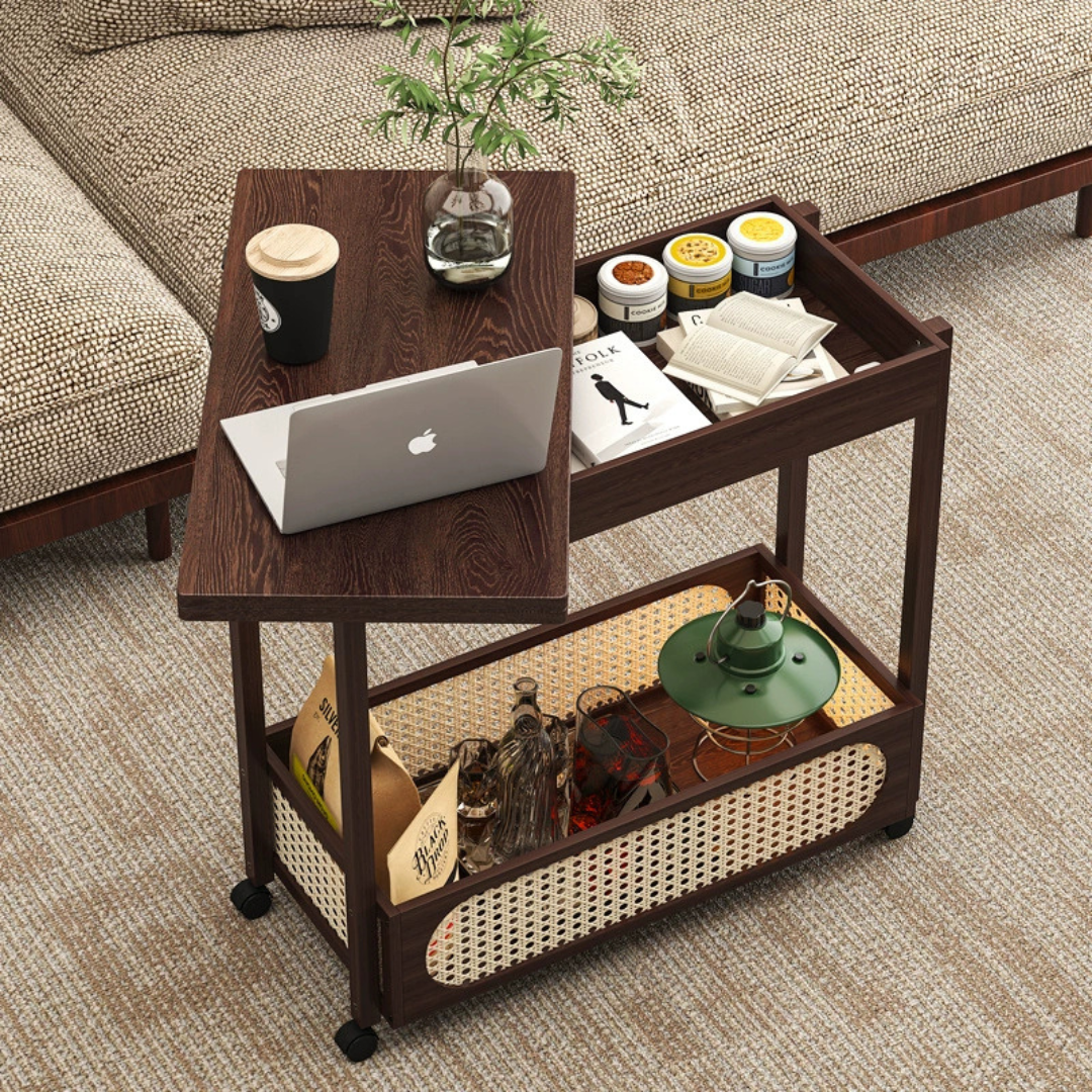 Smart Expandable Design Multi Use Hidden Storage Portable Table with 360° Locked Wheels