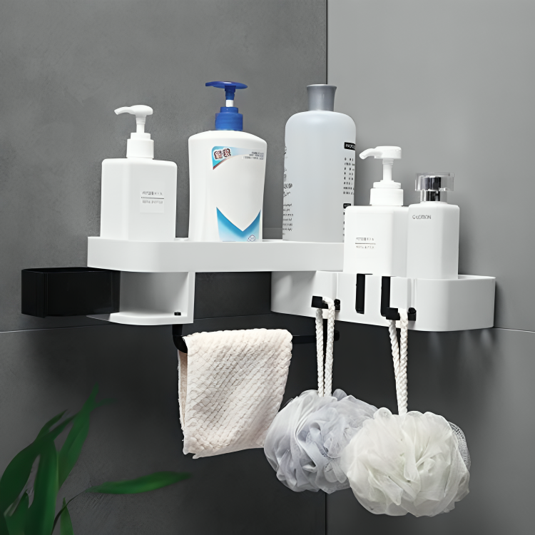 Wall Mounted 180° Foldable Corner Storage Rack with Drainage Design & Hidden Hooks