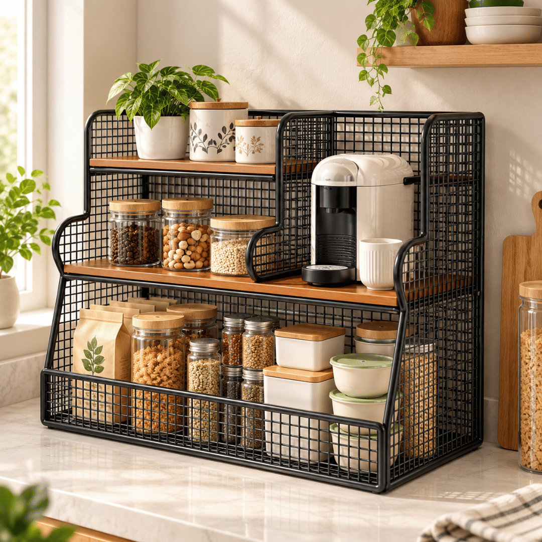 Three Layer Segmented Storage Organizer with Open Shelves