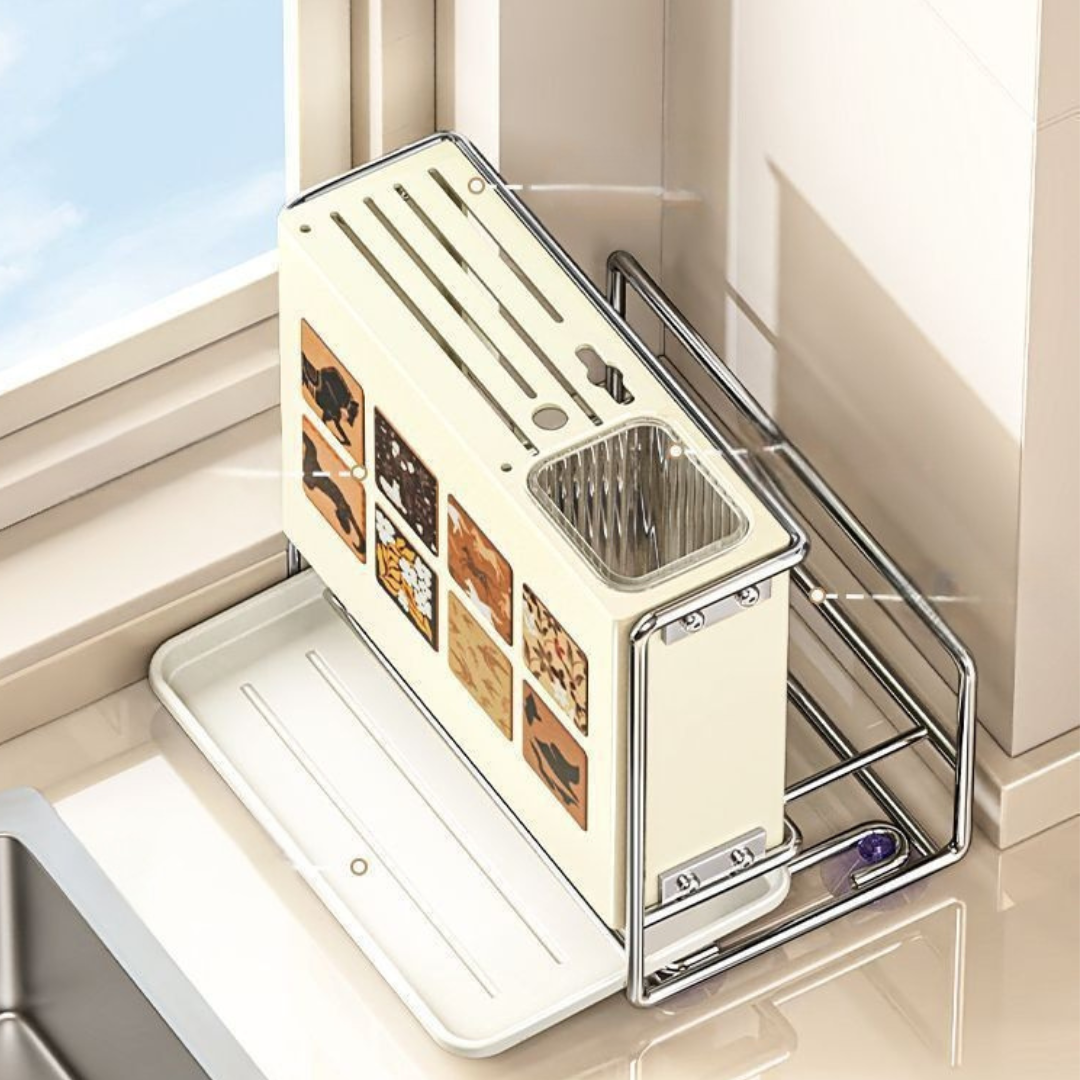 Multifunctional Kitchen Knife Holder Rack with Drip Tray