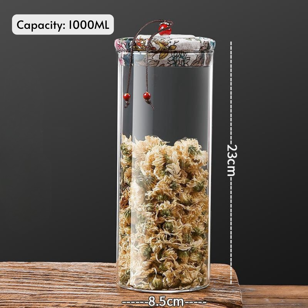 Borosilicate Glass Storage Jars with Floral Fabric Lid (Set of 4)