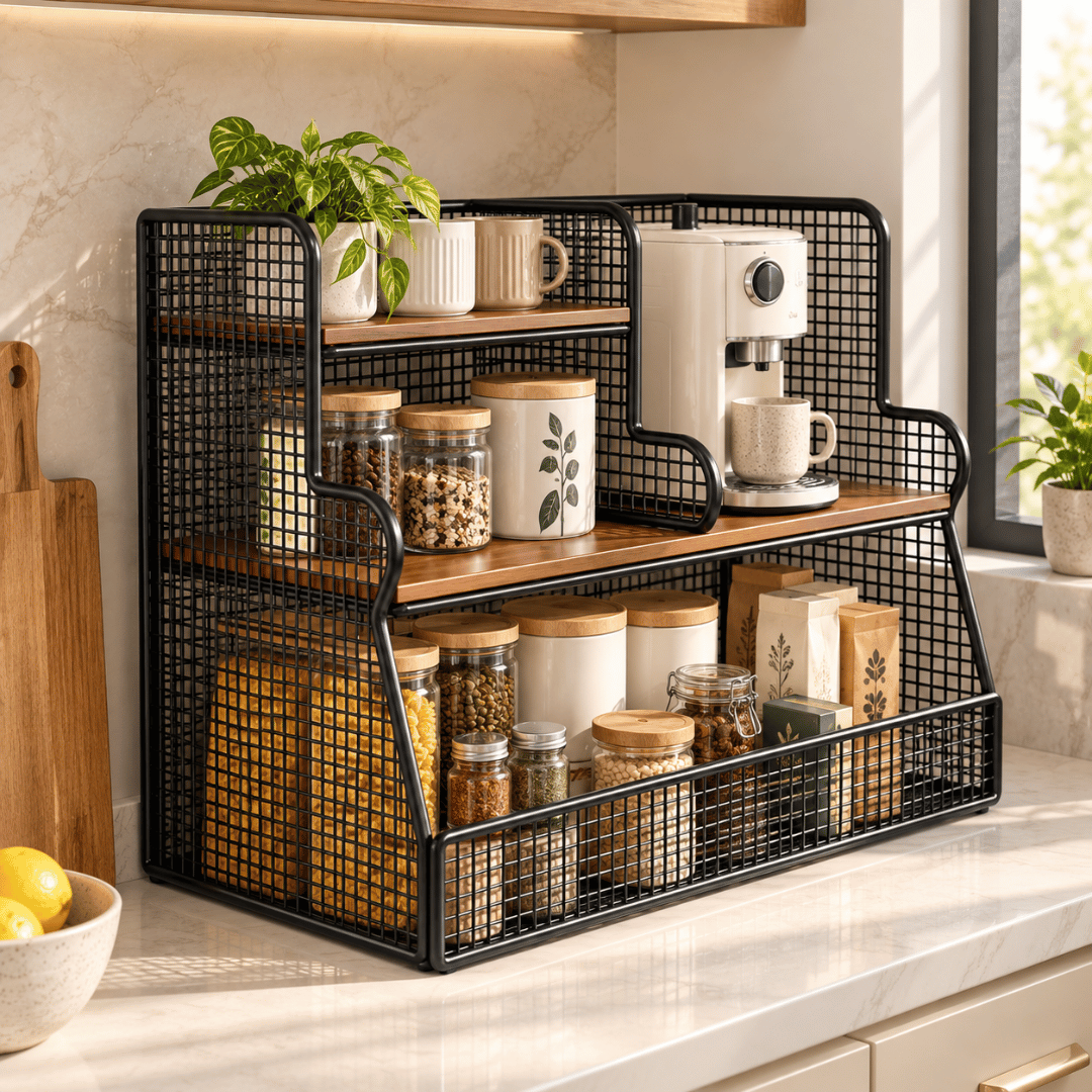 Three Layer Segmented Storage Organizer with Open Shelves