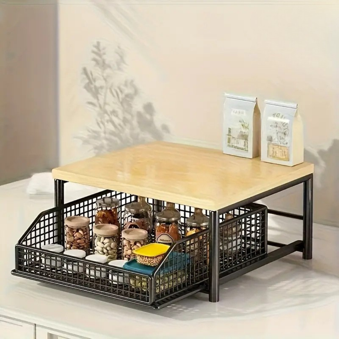 HOMERO Elegant Rolling Kitchen Microwave Cart with Wooden Shelf and Bottom Storage Basket